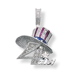 Sterling Silver 925 Fourth of July Hat Baguette and Round Clear CZ Pendant